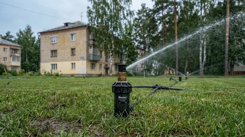 Выдвижные роторы поливают газон веером воды
