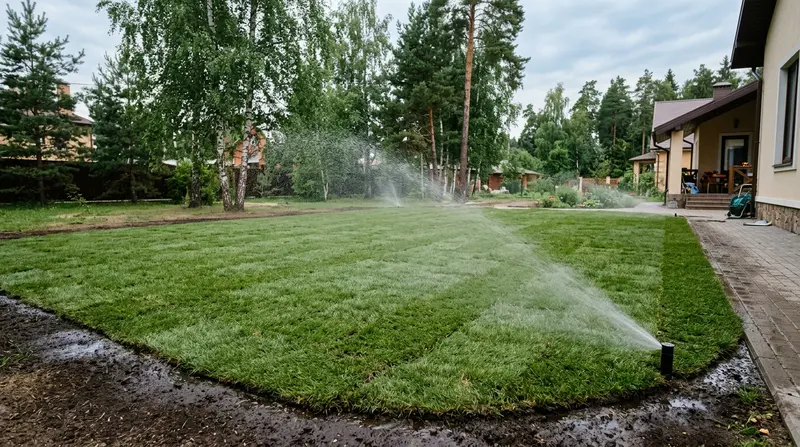Полив свежеуложенного рулонного газона роторами