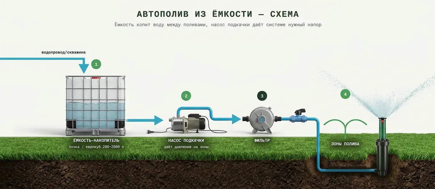 Схема автополива из ёмкости: накопитель, насос подкачки, фильтр и зоны полива