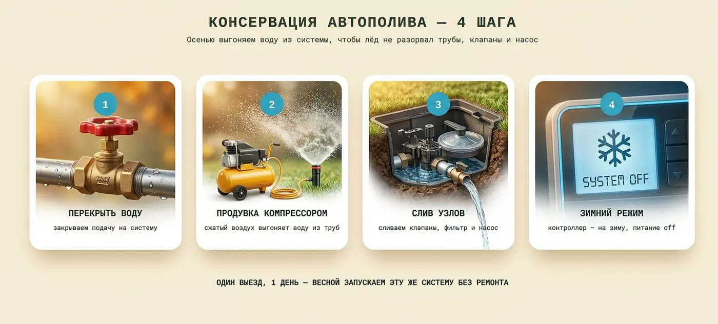 Схема консервации автополива: перекрыть воду, продувка компрессором, слив узлов, зимний режим