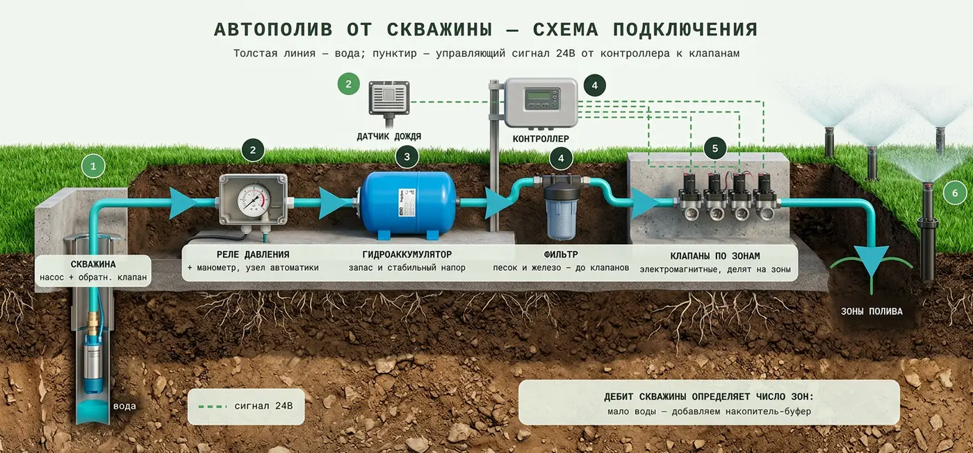 Схема подключения автополива к скважине: погружной насос, гидроаккумулятор, фильтр, контроллер