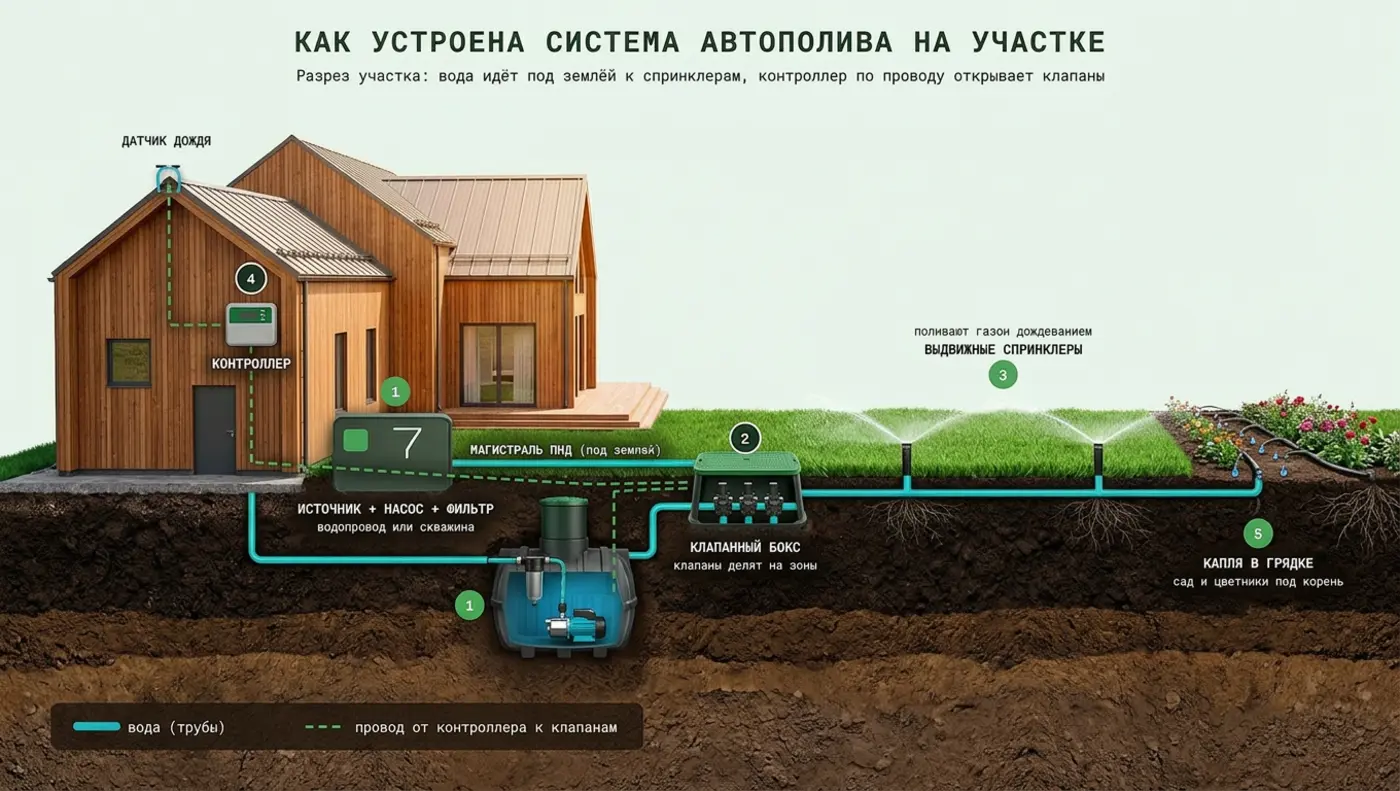 Схема: как устроена система автополива на участке