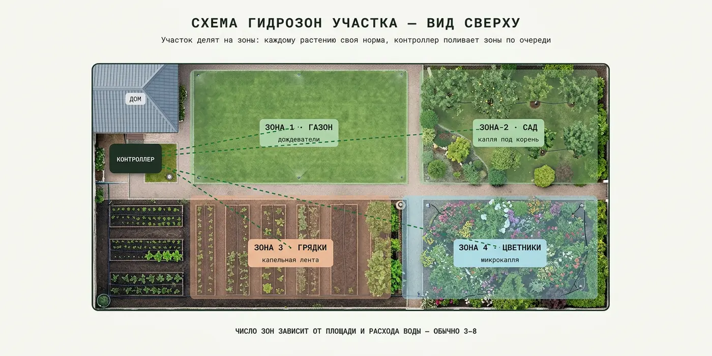Схема гидрозон участка вид сверху: газон, сад, грядки и цветники по зонам с контроллером