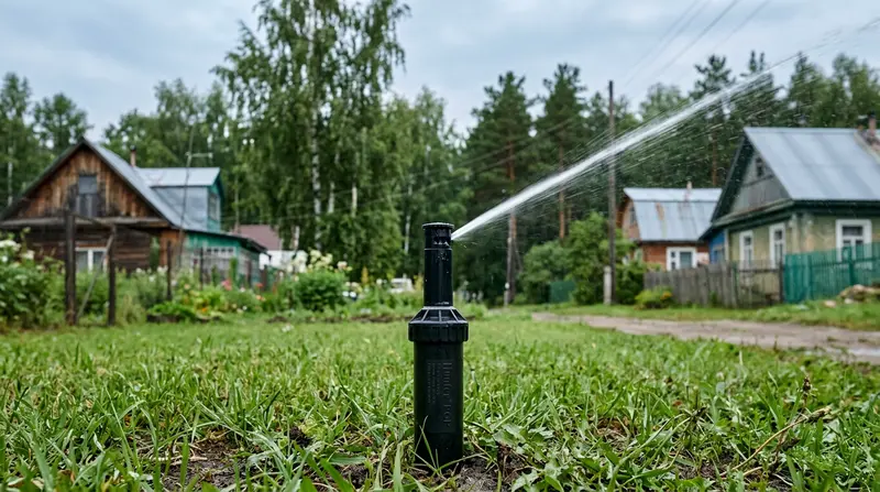 Ротор Hunter PGP выдвинут при поливе газона в посёлке Кулаково под Тюменью